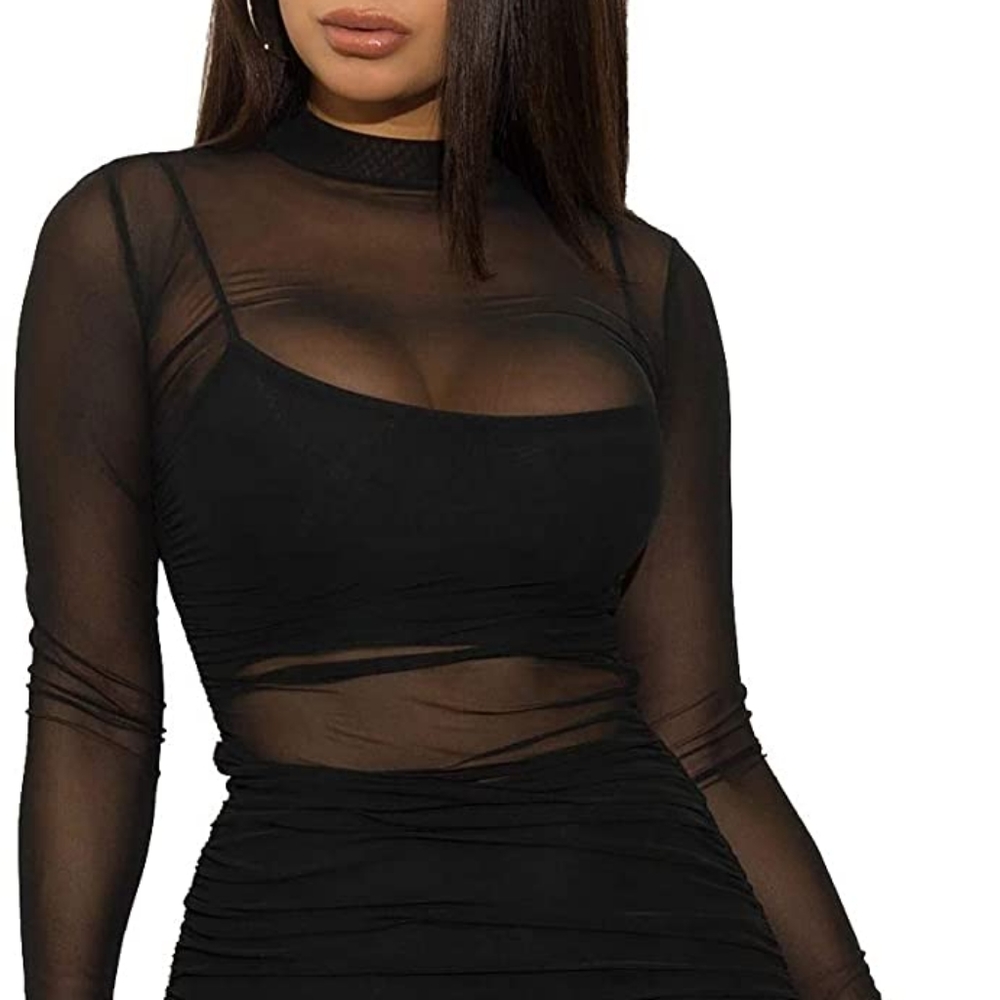 Sheer Mock Neck Ruched Midi Dress Set